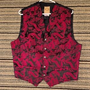 WAH MAKER Metallic Red Black Dragons Polyester Western USA Sz L Full Button Vest